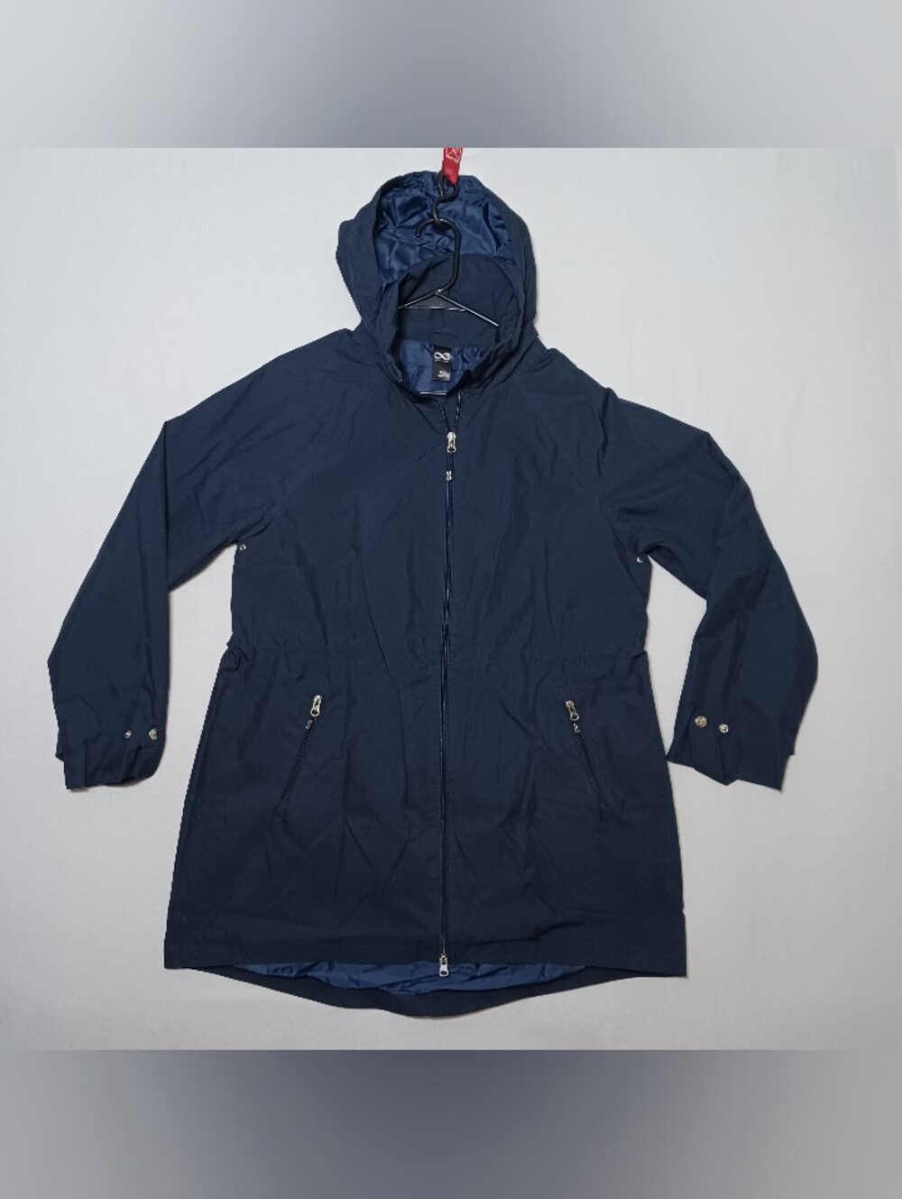 Be Boundless Womens Hooded Rain Jacket XL Navy Blue Full Zip Cinchable Waist
